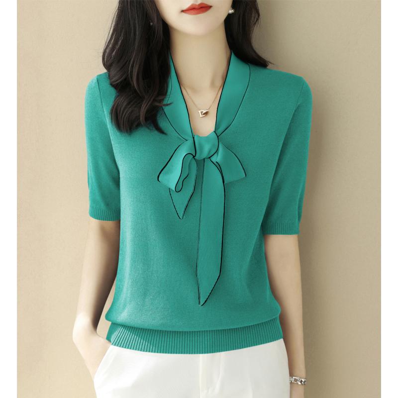 V-Neck - ニット レディース おしゃれ 大人 オフィス トップス 夏 Vネック 5分袖 袖リブ仕様 フレンチスタイル バイカラー リボンリボン 冷感 涼しい 快適