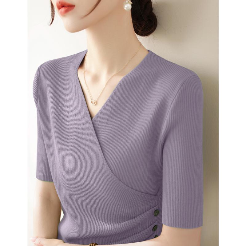 V-Neck - 半袖ニット レディース おしゃれ 大人 オフィス トップス フレンチスリーブ Vネック 薄手 サイドボタン 上品 夏 涼しい 快適