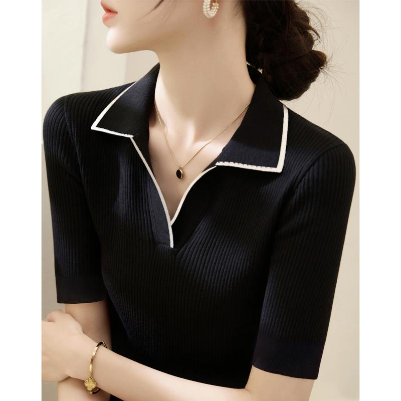 V-Neck - ニットポロシャツ レディース おしゃれ 大人 オフィス トップス 5分袖 ポロ襟 バイカラー 薄手 ライセル 春秋 ゆったり 細見え