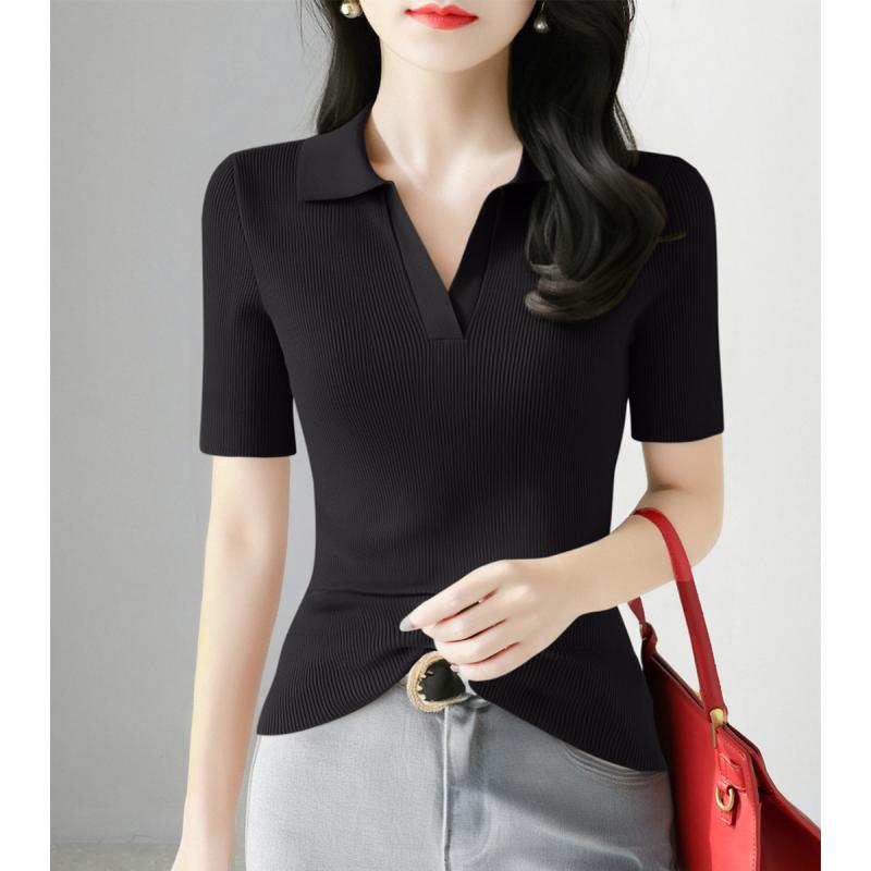 V-Neck - 半袖 ニット レディース おしゃれ 大人 オフィス トップス 黒 ピケ編み ライセル スリム フレンチスタイル 半開き Vネック 夏