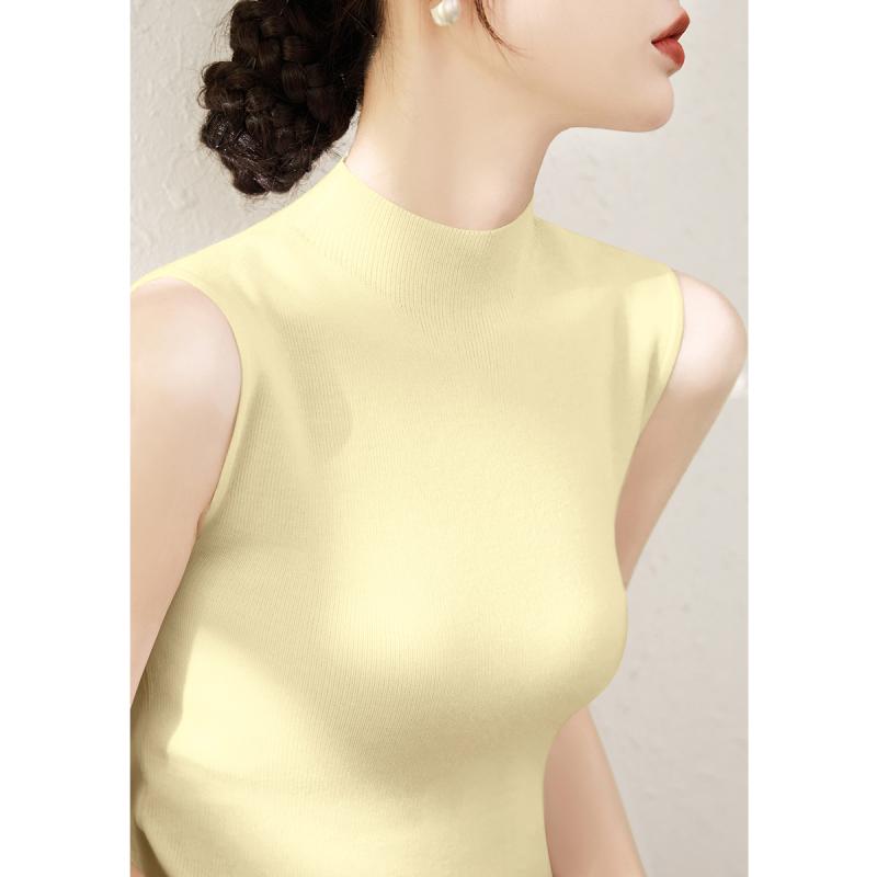 Turtleneck - ノースリーブ ニット レディース おしゃれ 大人 オフィス トップス イエロー 夏 無地 スリム フィット 半タートルネック シンプル 上品