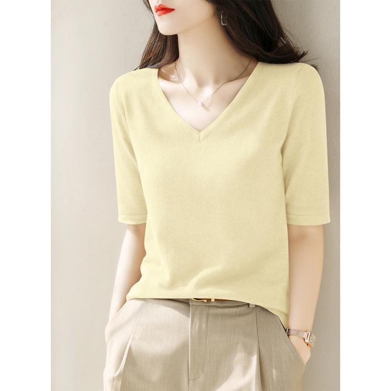 V-Neck - ニット レディース おしゃれ 大人 オフィス トップス Vネック 5分袖 ゆったり フレンチカジュアル 着やせ シンプル