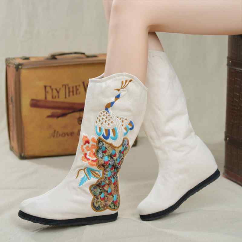 ブーツ レディース 秋冬 刺繡 インヒール ショート丈 ミドル丈 エスニック調 布製 植物花柄 切り替え ミドルヒール ラウンドトゥ 裏起毛 普段使い カジュアル