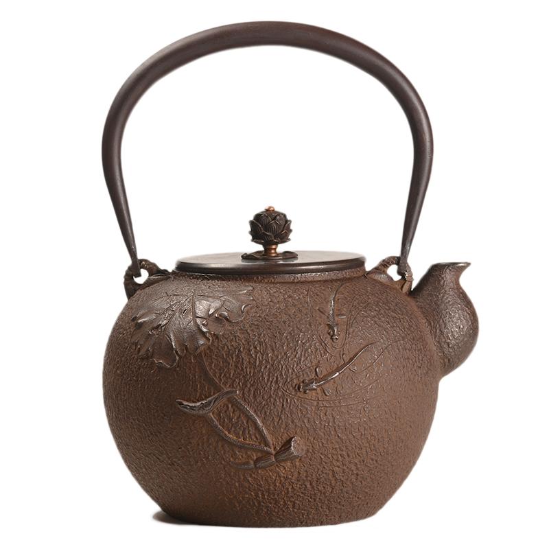 鉄瓶 製 京都 砂鉄製 手作り 大容量 1L以上 和風 宮廷風 魚と蓮の葉模様 茶器 茶道具 伝統工芸品