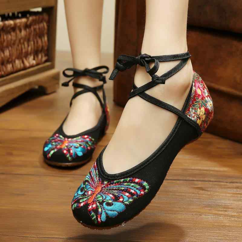 シューズ レディース 民族風 チャイナ風 ダンスシューズ 刺繍 インヒール レースアップ ラウンドトゥ ..