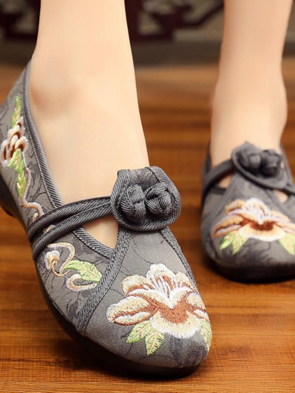 シューズ レディース 女性用 民族風 中国風 刺繍 布製 軽量 フラット ローヒール ポリウレタンソール ..