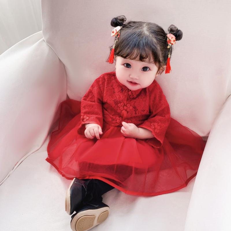 ワンピース ベビー 女の子 レッド フォーマル プリンセスドレス チャイナドレス 1歳誕生日 セレモニー お宮参り 七五三 結婚式 発表会 パーティー 上品 かわいい 春秋 長袖 綿 ポリエステル 切り替え