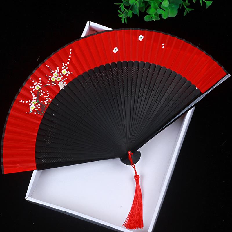 扇子 女性用 ダンス 赤 中国風 レトロ 古風 漢服 チャイナドレス ショー 梅 折りたたみ 竹製 手描き 透..