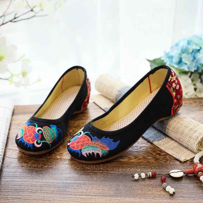 布製フラットシューズ レディース 刺繡 民族調 エスニック スリッポン ローヒール ガムラバーソール 滑..