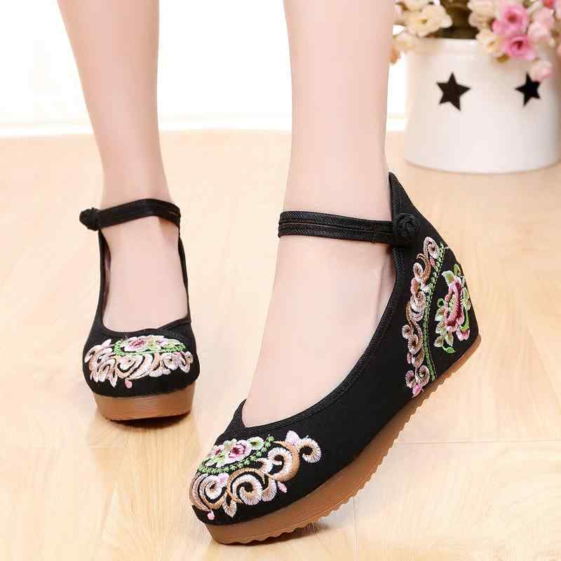 パンプス レディース 花柄刺繍 チャイナ風レトロ エスニック ウェッジソール 厚底 布製 ラバーソール ..