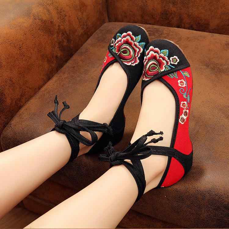 レディース 布靴 ストラップ 春秋 花柄刺繍 水中花 エスニック ウェッジソール ゴム底 アンクルストラップ ダンス 普段使い 女性用 ブラック グリーン レッド