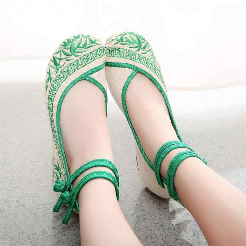 パンプス レディース 刺しゅう 竹の葉柄 民族風 レトロ ウェッジソール 厚底 布製 TPRソール チャイナドレス 普段使い ラウンドトゥ グリーン