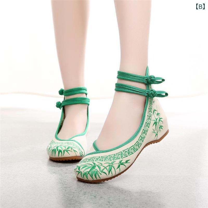 パンプス レディース 刺しゅう 竹の葉柄 民族風 レトロ ウェッジソール 厚底 布製 TPRソール チャイナドレス 普段使い ラウンドトゥ グリーン 3