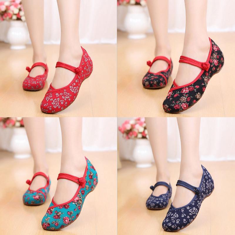 シューズ レディース 春夏 レトロ 伝統的 布製 刺繍 小花柄 民族調 ダンスシューズ ウェッジソール ソ..