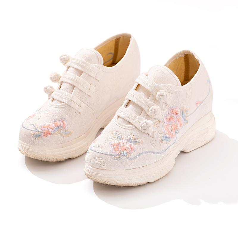 スニーカー レディース 刺繡 インヒール 厚底 エスニック調 漢服 スリッポン 布靴 カジュアルスニーカー 普段使い ホワイト