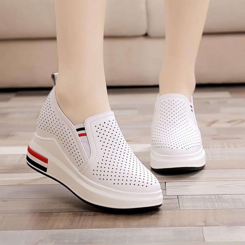 ローファー レディース 革 カウレザー スリッポン 厚底 インヒール カジュアルシューズ ラウンドトゥ ホワイト 通気性 カットアウト 普段使い デイリー