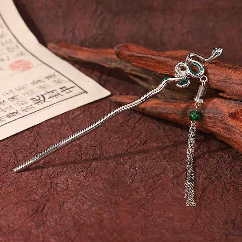 かんざし 一本 チャイナ風 ヘビ 干支 巳 ヘアアクセサリー ピン タッセル ドレス 漢服 光沢 コスプレ レディース ギフト レトロ 揺れる チャーム シルバ...