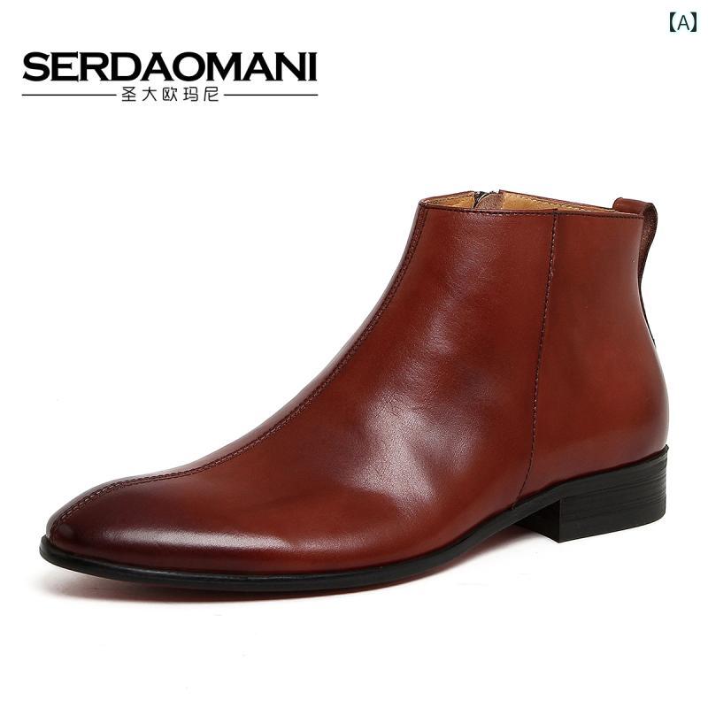 ブーツ メンズ 秋冬 柔らかな牛革 革 レザー ジップアップ ポインテッドトゥ ジョッパーブーツ ローヒール カジュアル ブリットスタイル ブラック ブラウン