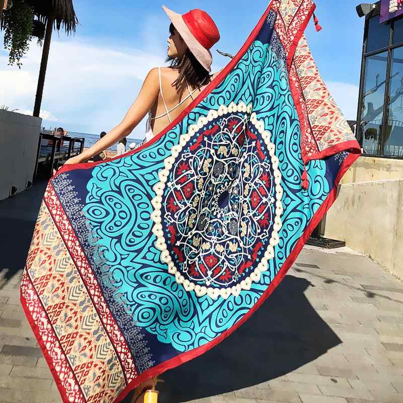 ストール レディース 大判 薄手 シフォン ポリエステル エスニック柄 花柄 UVカット 多機能 2WAY 羽織り ビーチ リゾート 旅行 冷房対策