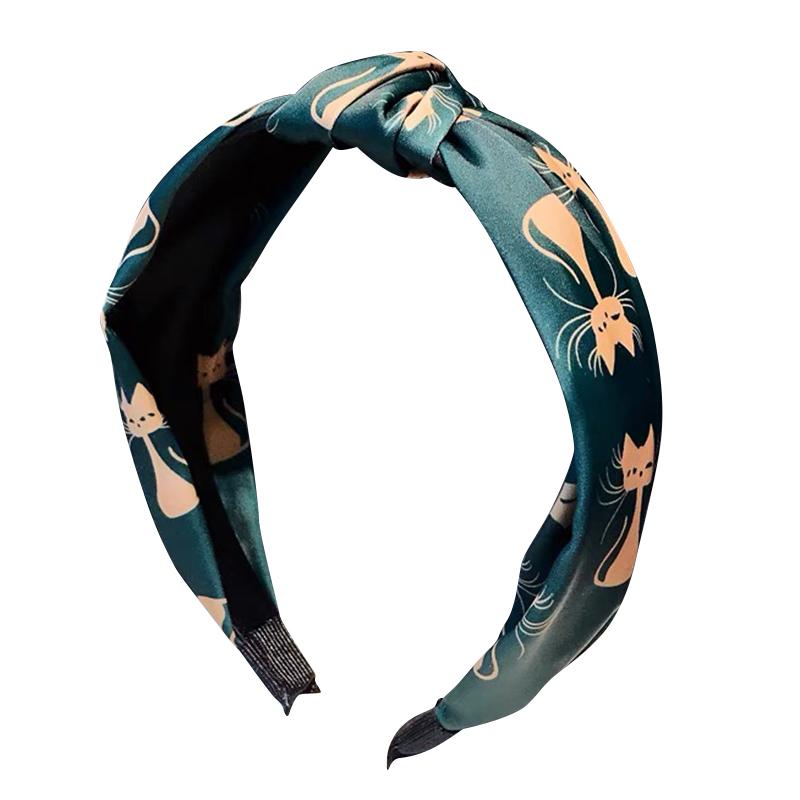 ヘアバンド 布製 幅広 リボン結び 猫モチーフ 髪飾り ヘッドバンド カジュアル 普段使い お出かけ 黒 白 緑 青 韓国風