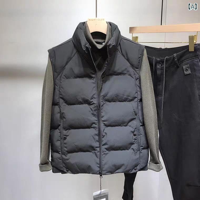 フロントップ楽天市場店のベスト メンズ 男性用 秋冬 中綿 スタンドカラー 暖かい ジップアップ 無地 スリムフィット シンプル アウター 厚手 カジュアル 普段使い ジレ アイボリー ブラック｜アングル2