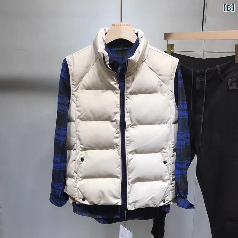 フロントップ楽天市場店のベスト メンズ 男性用 秋冬 中綿 スタンドカラー 暖かい ジップアップ 無地 スリムフィット シンプル アウター 厚手 カジュアル 普段使い ジレ アイボリー ブラック｜アングル3