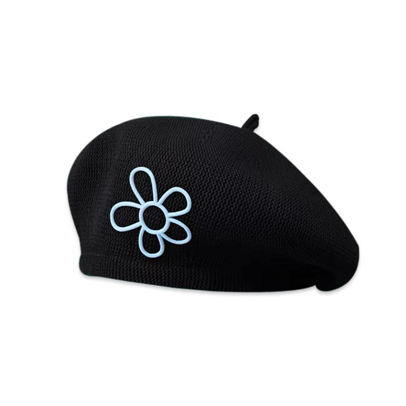 ベレー帽 レディース おしゃれ 春秋 黒 無地 花 ワンポイント 韓国 レトロ 画家風 シンプル