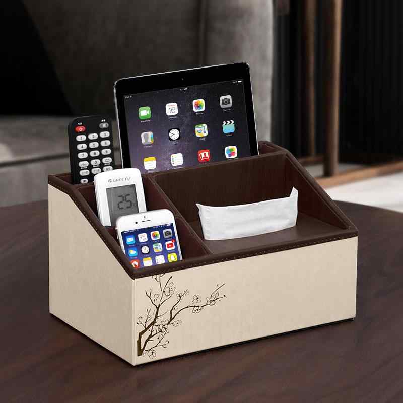 収納ボックス テレビ リモコン ティッシュケース 牛革製 梅花柄 黒胡桃ウッド 多機能 小物入れ 2段式 ..