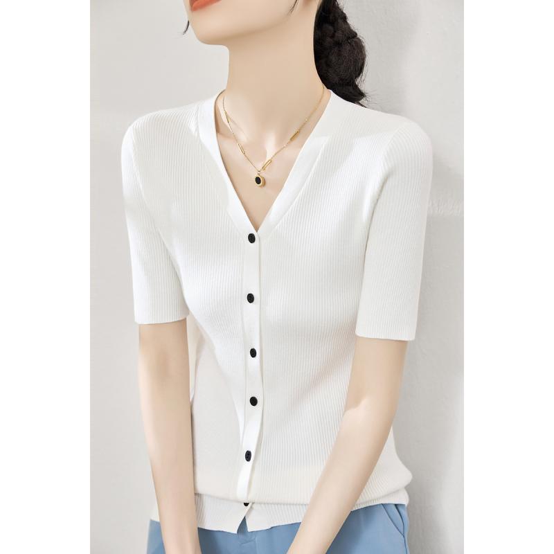 カーディガン レディース おしゃれ 大人 オフィス トップス 夏 Vネック ボタン ニット 半袖 薄手 無地 深色 韓国 シンプル 通勤 着回し(4)