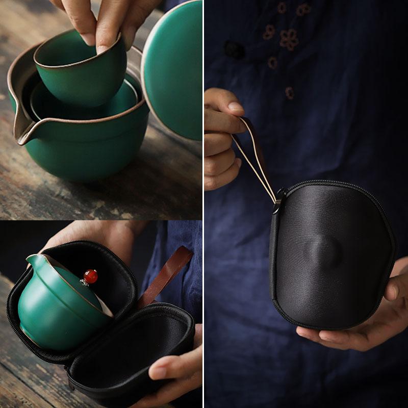 茶器セット 携帯用 ポータブル 陶器製 和風 レトロ 急須 湯呑み2客 ミニ 旅行 アウトドア お出かけ用 ..