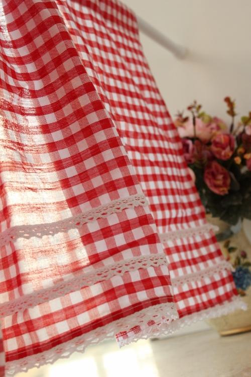 カーテン カントリー 調 アメリカンカントリー チェック柄 カフェスタイル ショート丈 目隠し 間仕切り ポール通し 綿 半遮光 小窓 棚 ドア用 赤 青