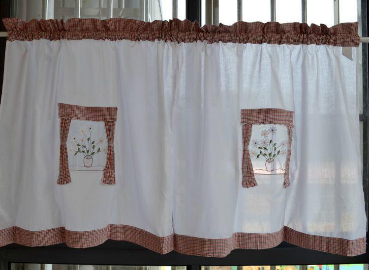 カフェカーテン アメリカンカントリー 綿 刺繍 花柄 ボタニカル柄 既製 ロッドポケット ショート丈 ドア キッチン 小窓 目隠し 半透明 レッド ブルー