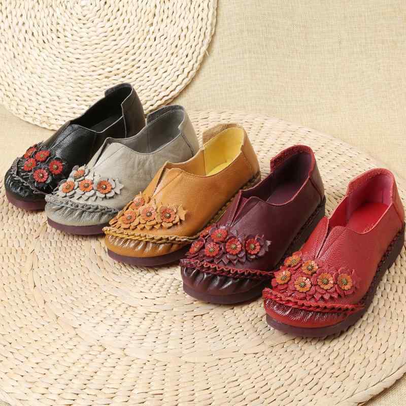 シューズ レディース ミセス シニア 革 花柄 レトロ エスニック ハンドメイド ラウンドトゥ フラット ..