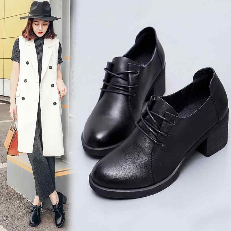 レースアップシューズ レディース 春 革 牛革 ラウンドトゥ チャンキーヒール ミドルヒール ソフトソール 柔らか ブリティッシュスタイル 英国風 黒 オフィス 通勤 普段使い