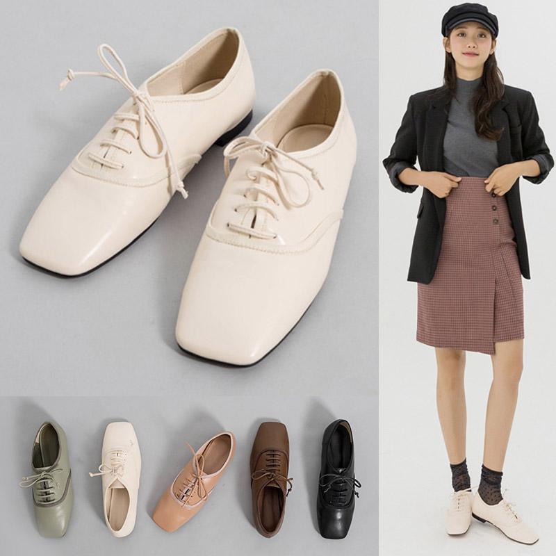 シューズ レディース ソフトレザー スクエアトゥ フラット レースアップ ローファー レトロ ブリティッシュ ブローグシューズ 普段使い