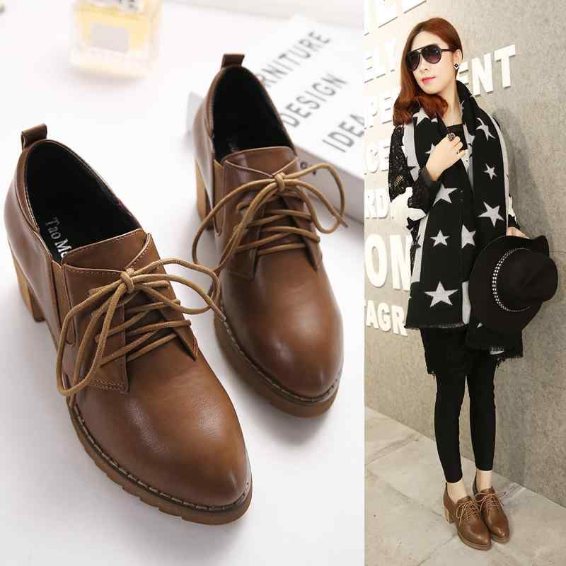 シューズ レディース 春秋 ブリティッシュスタイル 学生風 ブローグ レースアップ 革 レザー ラウンドトゥ 太ヒール ハイヒール パンプス 通勤 普段使い カジュアル オフィス