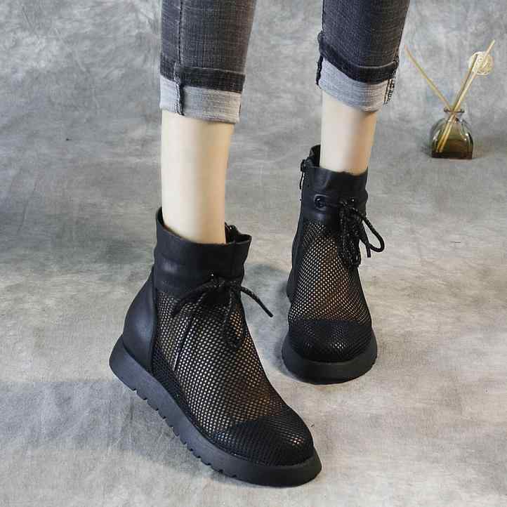 ブーツサンダル レディース 夏 薄手 メッシュ 革 透かし編み つま先カバー 厚底 インヒール レースアップ ブラック ハイカット フラットソール カジュアル スポーツ