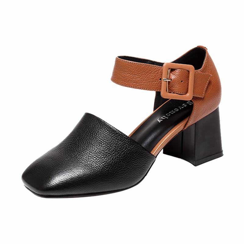 レディース パンプス サンダル スクエアトゥ ワンストラップ 太ヒール ミドルヒール 革 牛革 春夏 普段使い エレガント 浅履き バイカラー シボ加工 バックル ブラック イエロー ベージュ