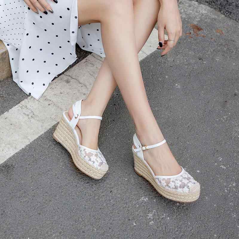 サンダル レディース ウェッジソール 厚底 つま先カバー 花柄 メッシュ 革 レザー エスパドリーユ ストラップ 切り替え 風 大人カジュアル 春夏 ホワイト ブラック