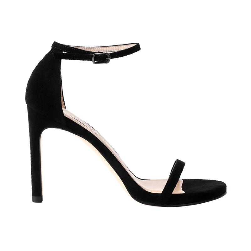 サンダル レディース エレガント セクシー ハイヒール 細ヒール 厚底 オープントゥ ブラック 一字ストラップ アンクルストラップ スエード シープスキン 普段使い 春夏