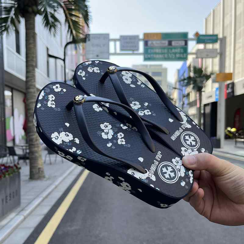 ビーチサンダル レディース 春夏 カジュアル ゴム ラバー 外履き ウェッジソール 厚底 中ヒール ビーチ リゾート 滑り止め 滑りにくい 黒 ネイビー(4)