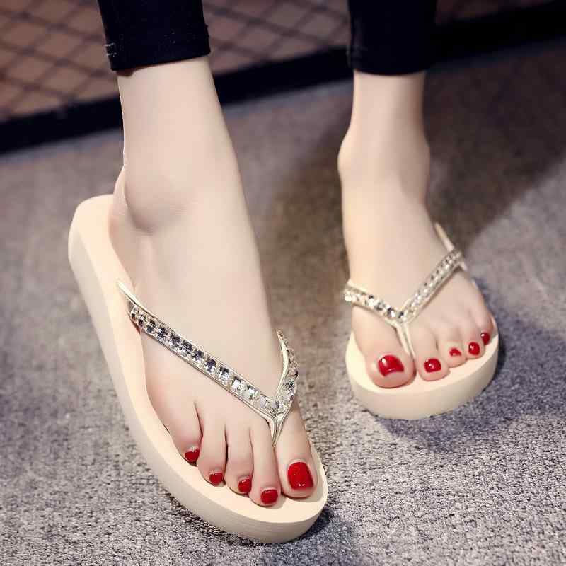 サンダル レディース トングサンダル ウェッジソール 厚底 ラインストーン ミドルヒール 滑り止め PUレザー ラバーソール 普段使い フェミニン サマー ブラック ベージュ