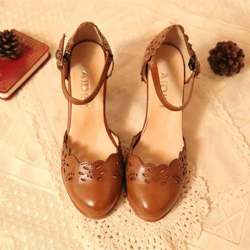パンプス レディース ロリータ 森ガール 牛革 革 ラウンドトゥ フリル ストラップ 太ヒール ハイヒール レトロ エレガント プリンセス 夏 黒 ブラック アプリコット ブラウン