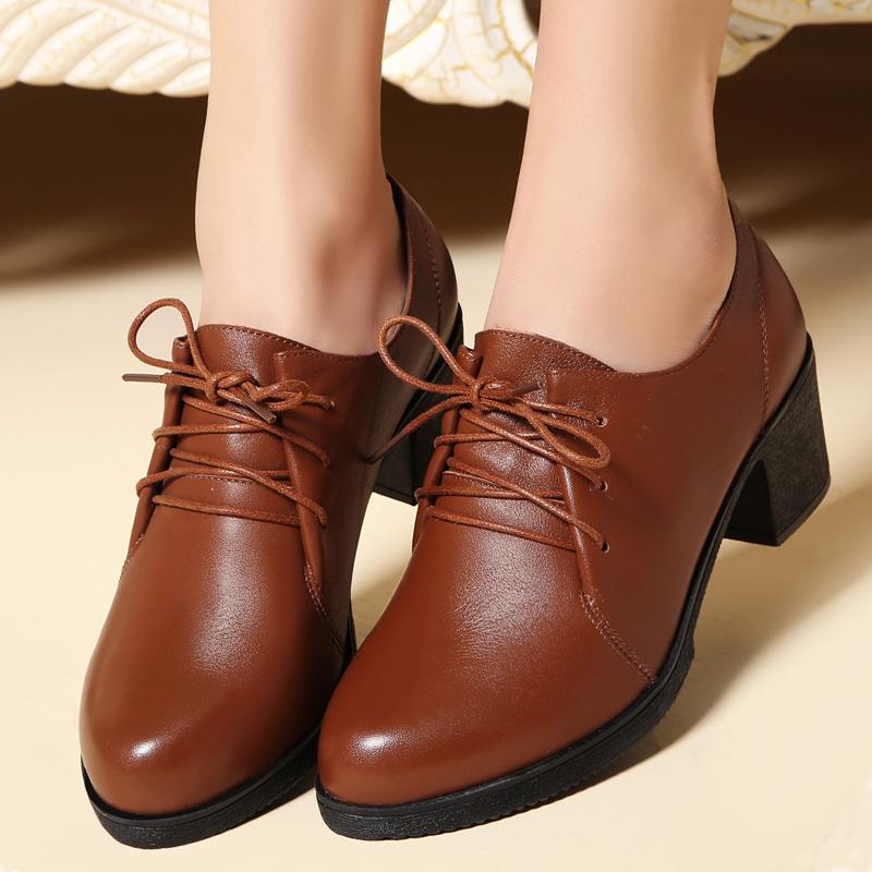 パンプス レディース 革 牛革 レザー レースアップ 紐靴 カジュアル オフィス ビジネス 仕事用 普段使い 深め ミドルヒール 太ヒール チャンキーヒール ラウンドトゥ 春秋 ブラック ブラウン