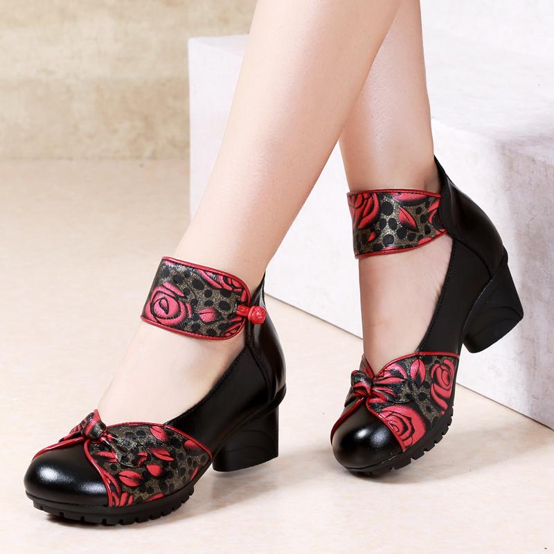 シューズ レディース 民族風 レトロ 花柄 刺繍 切り替え 牛革 太めミドルヒール ラウンドトゥ ソフトソール ダンス 普段使い パンプス 春夏 ブラック レッ...