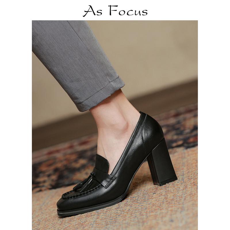 パンプス レディース ハイヒール 太ヒール スクエアトゥ 深履き ブラック ブラウン タッセル 革 牛革 ..