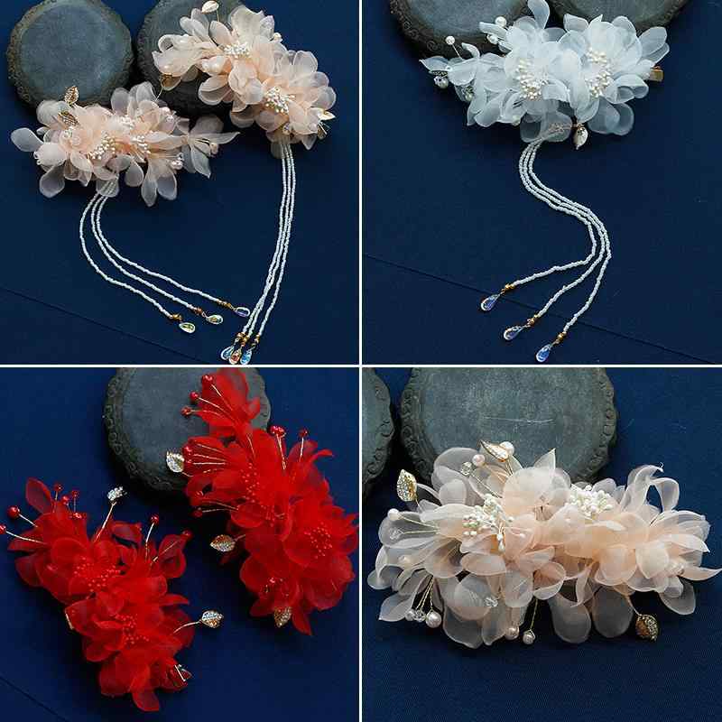 髪飾り 中国風 古風 シフォン 花 造花 ヘアクリップ ヘッドドレス タッセル 漢服 和装 結婚式 ブライダ..