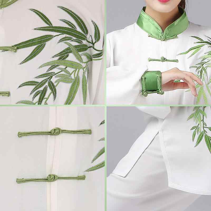 太極拳ウェア 女性用 シニア 綿 混 柔らか 練習着 稽古着 演武服 竹 梅 龍 鳳凰柄刺繍 スリーシーズン