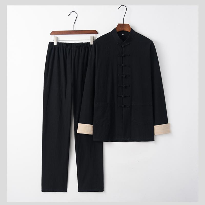 太極拳服 メンズ 男性用 唐装 中国風 チャイナ服 上下セット 綿麻 リネン コットン 厚手 秋冬 シニア ..