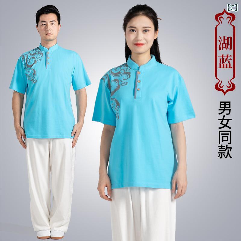 太極拳ウェア レディース 女性用 半袖Tシャツ トップス 祥雲プリント 縁起の良い雲柄 中華襟 スタンドカラー 武術練習着 練功服 スポーツウェア 普段使い 春夏